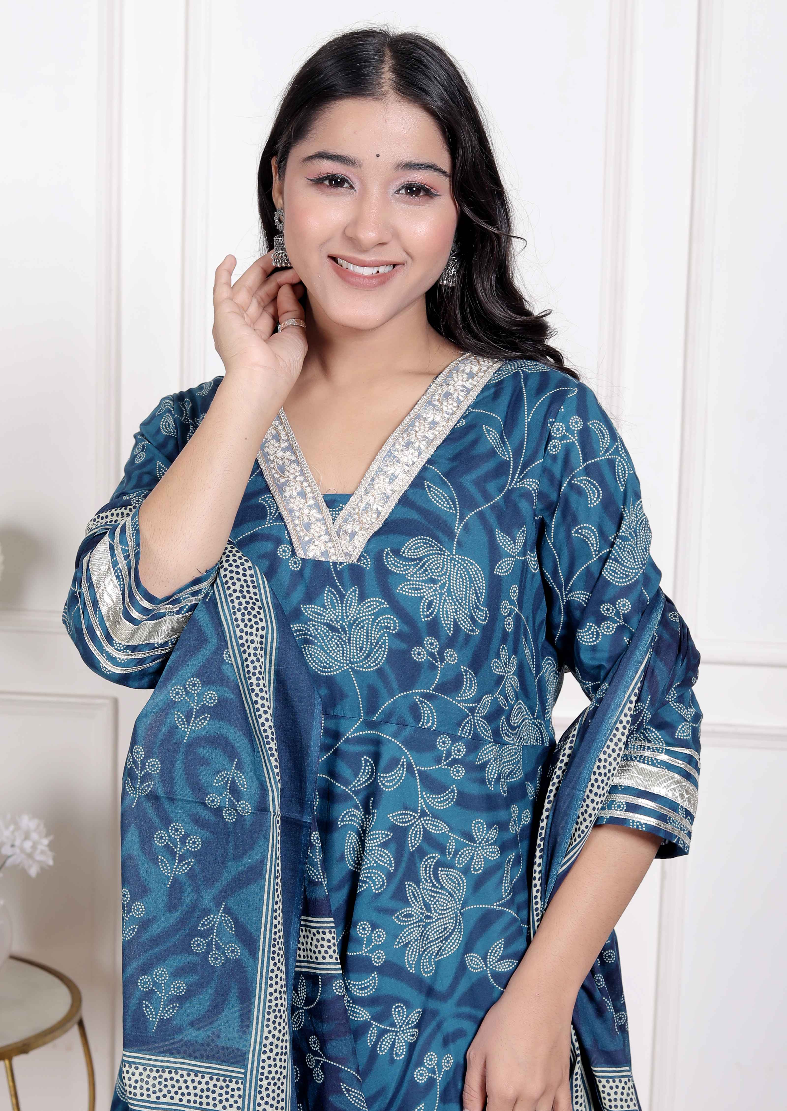 Blue Hand Block Printed Cotton Anarkali Kurta with Dupatta